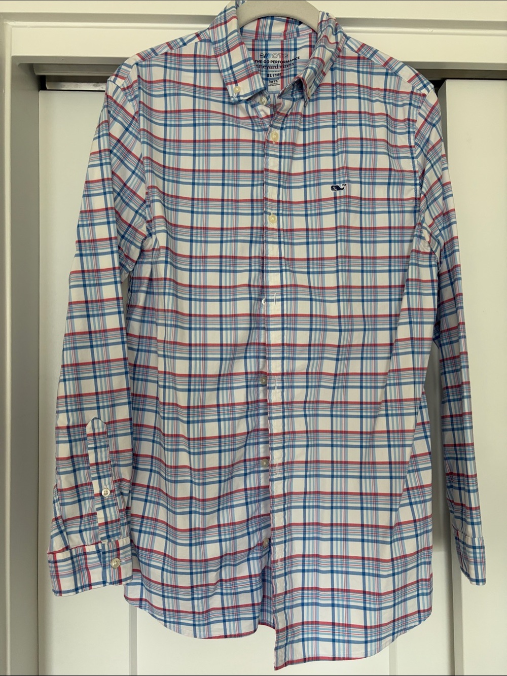 Vineyard Vines White Plaid Button-Down with Blue and Red Stripes